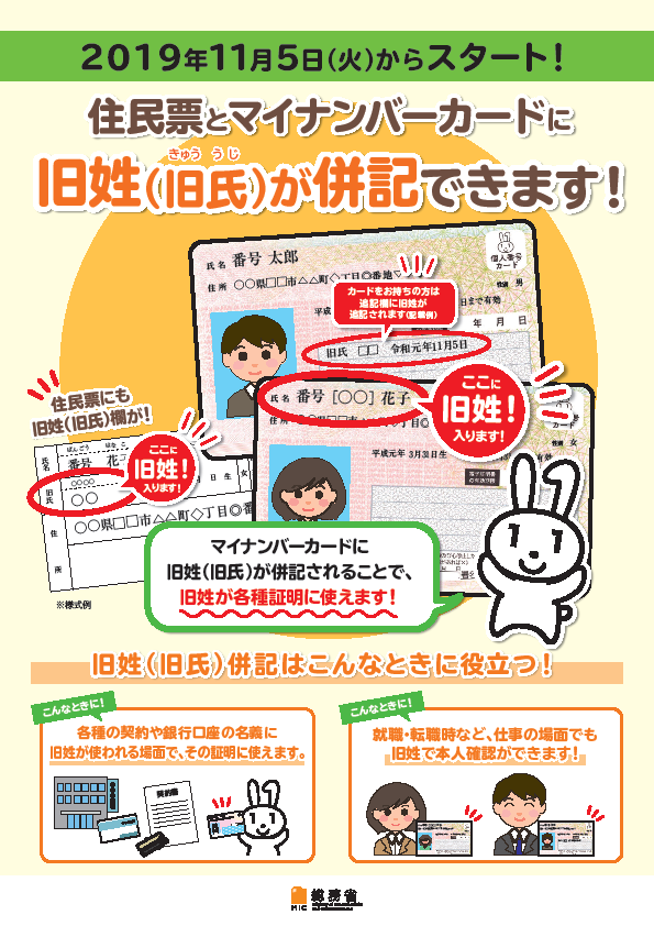 住民票とマイナンバーカードに旧姓（旧氏）が併記できます