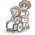 介護をする女性と車いすのおばあさんのイラスト