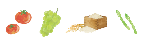 農産物（トマト、ブドウ、コメ、アスパラガス）